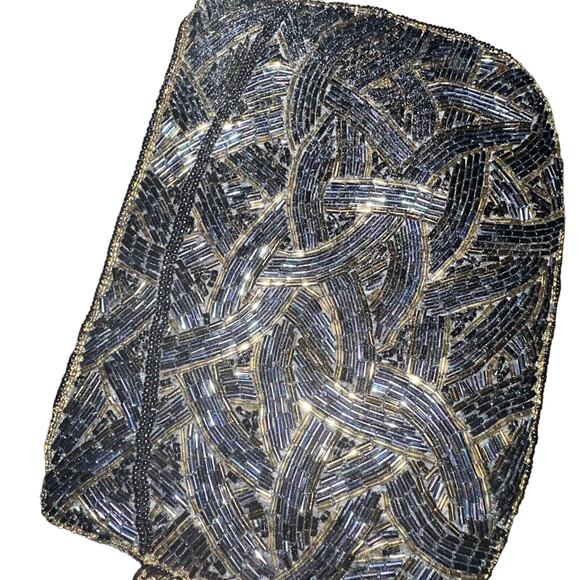 Beaded Clutch Black Blue Gold Hand Beaded Throughout Handbag Purse Evening Party - Picture 5 of 9